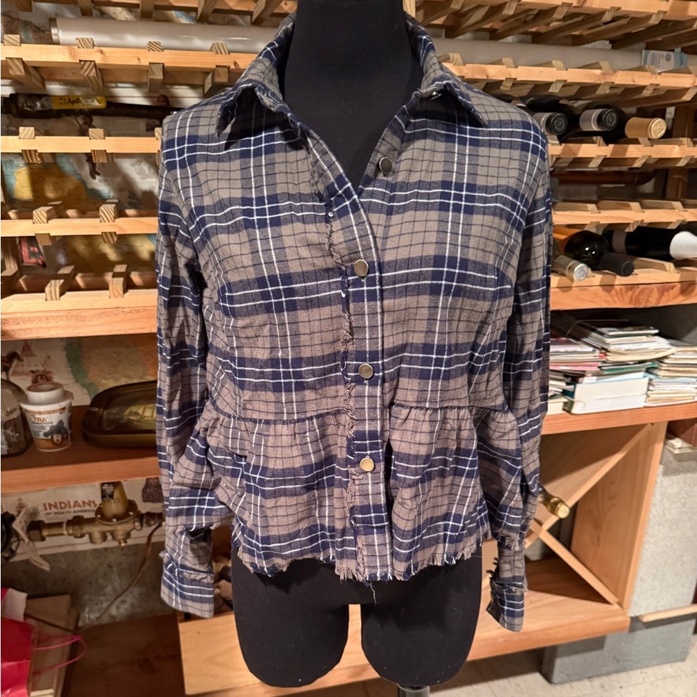 Rachel Hollis LTD Plaid Peplum Button Down Shirt Navy Taupe Frayed Hem Size 2